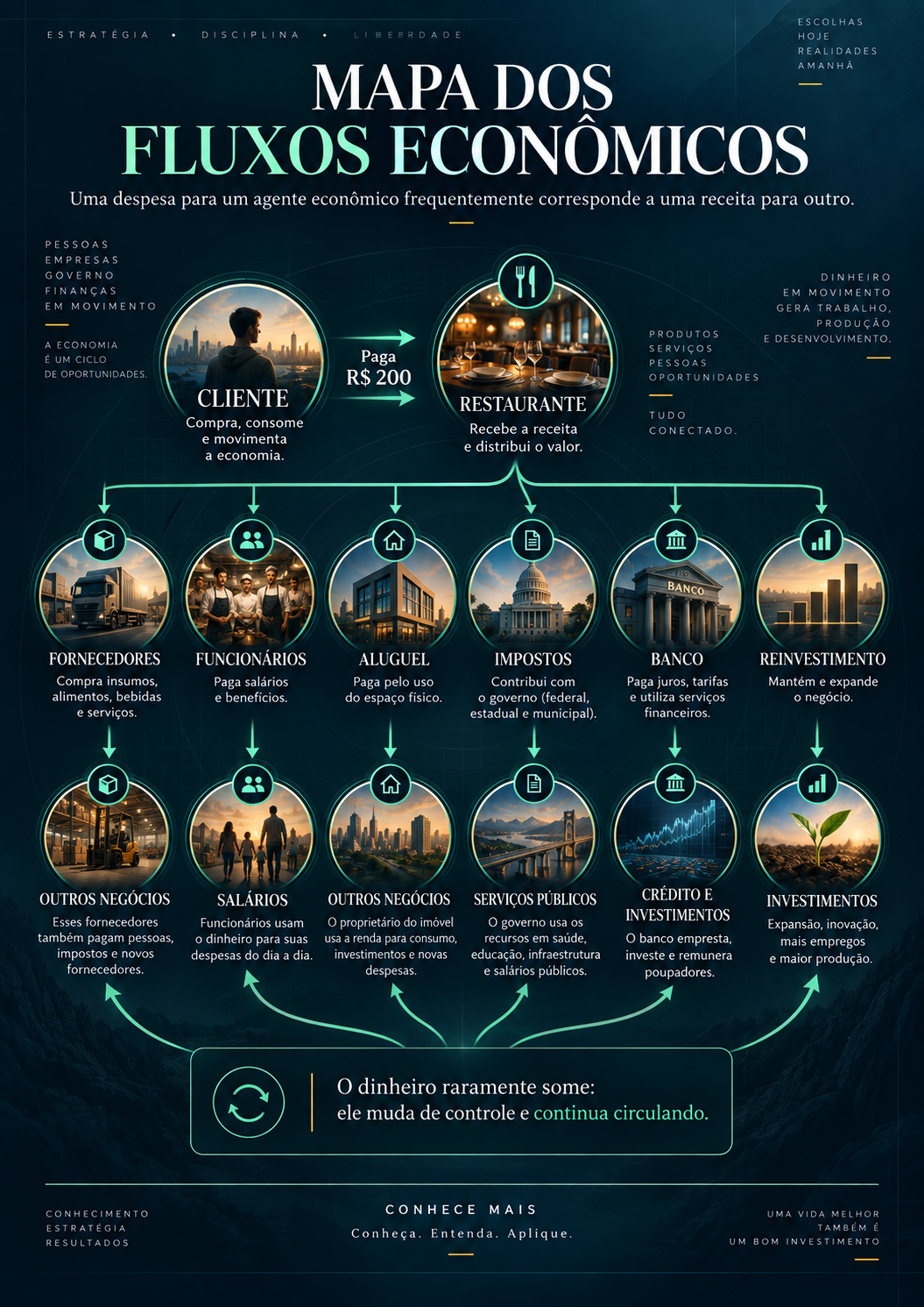 Mapa dos fluxos econômicos: trabalho, empresas, consumidores, bancos, governo, investimentos e patrimônio